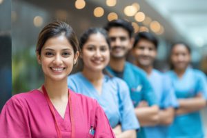 A group of Indian nurses in scrubs standing confidently in a modern hospital corridor, smiling and interacting, multicultural environment, soft lighting,