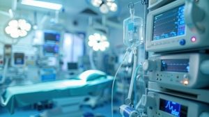 A close-up view of medical equipment in a modern operating room, showcasing advanced technology and a sterile environment.