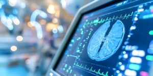 A close-up of a medical monitor displaying brain activity, with graphic representations and various vital signs readings. Concept Medical Monitor Close-Up, Brain Activity Visualization